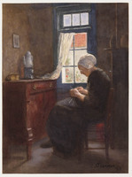DD 038g
<br/>
Breiende vrouw met wit kapje op stoel bij het raam
<br/>
<em>Taanman, Jacob (1836-1923)</em>